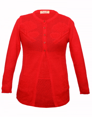 Lady Cardigan Self  Design  With Pocket FS Red